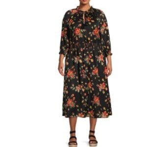 Terra & Sky Black Floral Peasant Midi Dress Plus Size 4X NWT